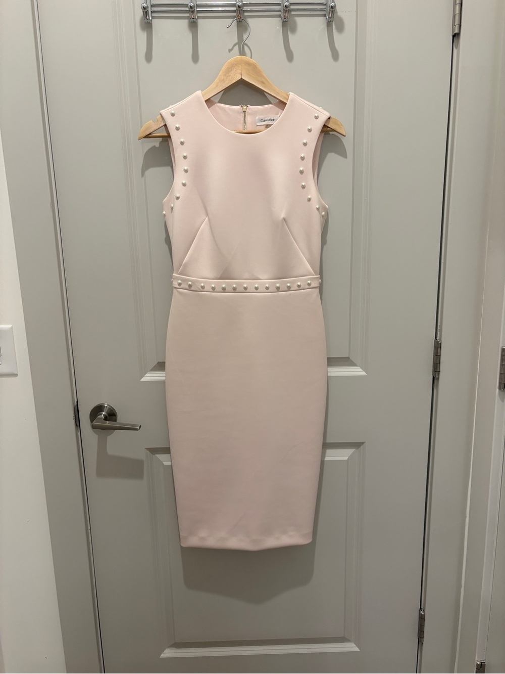 Blush Pearl-Trim Midi Sheath Dress